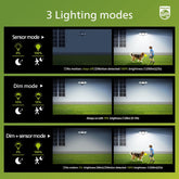 Philips outdoor light fixture with three lighting modes displayed on a green background.